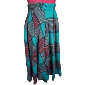 Micmac St. Tropez Vintage 100% Wool Plaid‎ Maxi Midi Pleated Swing Skirt